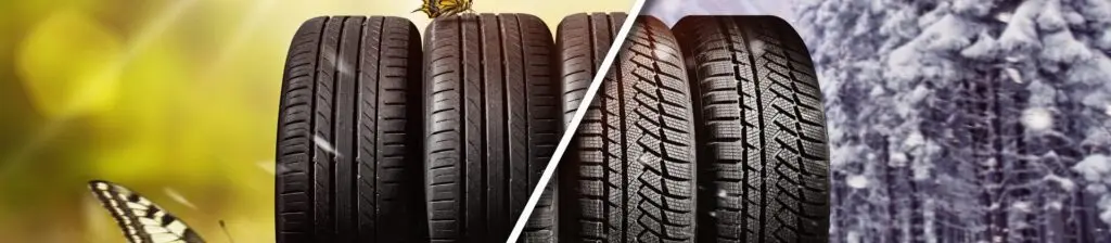 Split image showing two sets of car tires. On the left, summer tires with butterflies and a warm background. On the right, winter tires against a snowy backdrop. Need a tire change near me to suit the season? This visual guides you through selecting the right set for any weather. Superior Tire: Tire Shop and Auto Repair Near Me | Barrie | Danforth | Downsview | Markham | Mississauga | Oak Ridges | Scarborough | Thornhill | Toronto | https://superiortire.ca/