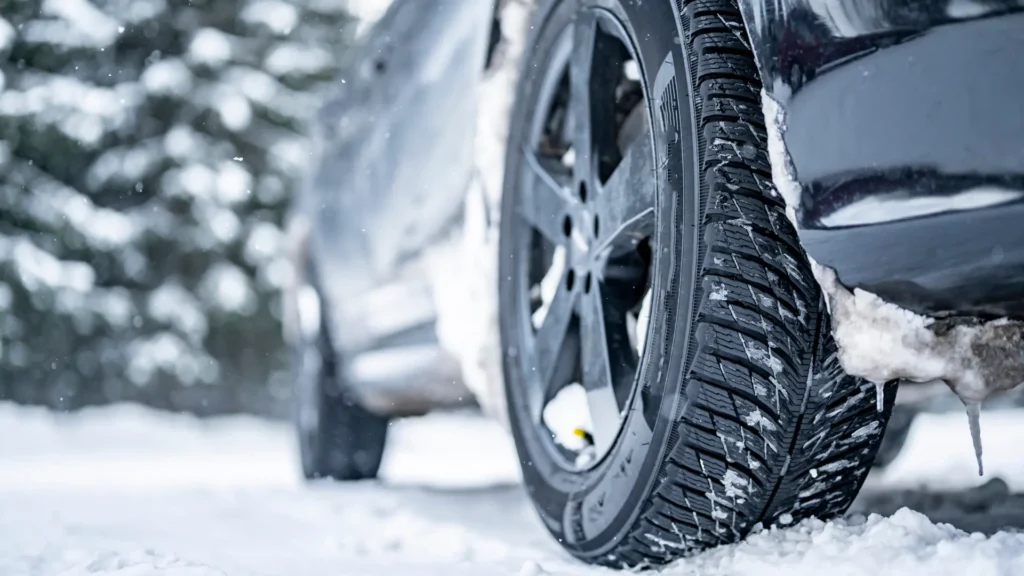 Close-up of a car’s tire with deep tread patterns on a snowy road, snow-covered trees blurred in the background—proper tires like these help maximize vehicle lifespan during harsh winter conditions. Superior Tire: Tire Shop and Auto Repair Near Me | Barrie | Danforth | Downsview | Markham | Mississauga | Oak Ridges | Scarborough | Thornhill | Toronto | https://superiortire.ca/