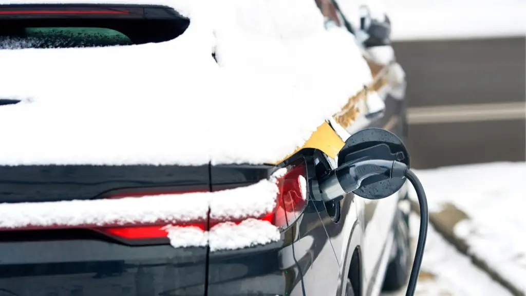 EV winter tires on an electric SUV parked on a snowy Ontario road