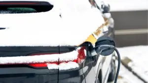 EV winter tires on an electric SUV parked on a snowy Ontario road